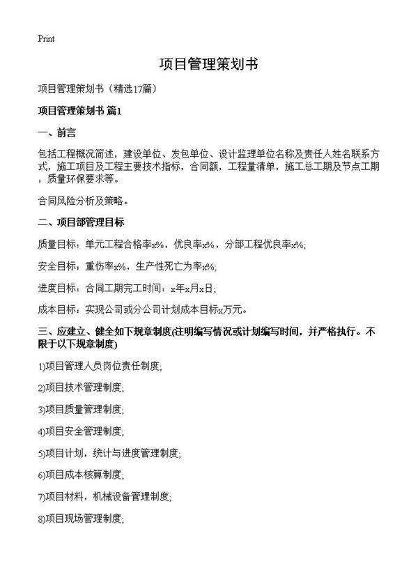 项目管理策划书17篇