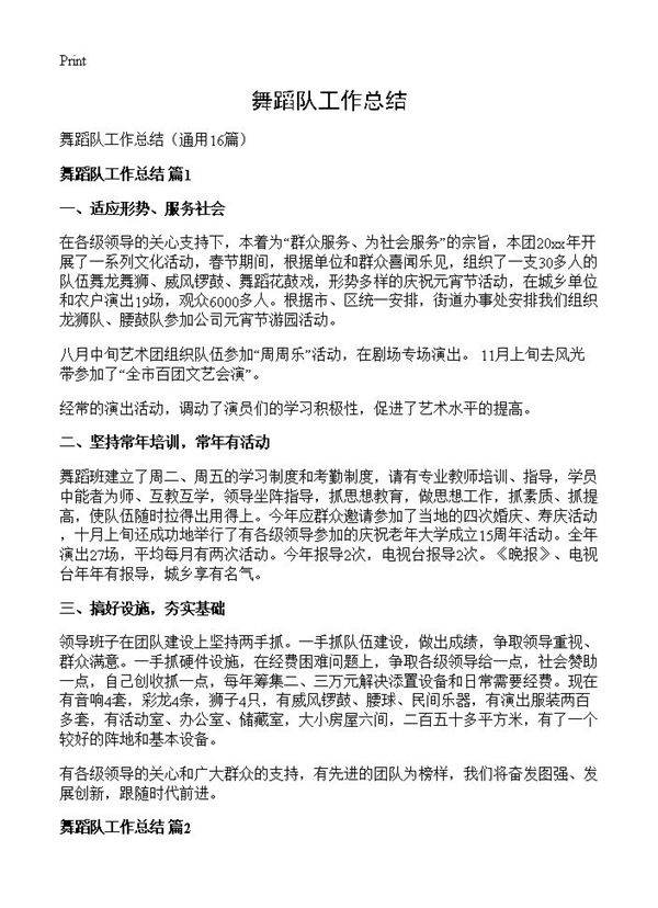 舞蹈队工作总结16篇
