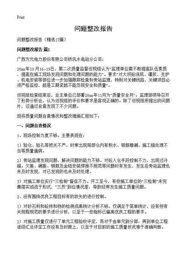 问题整改报告17篇