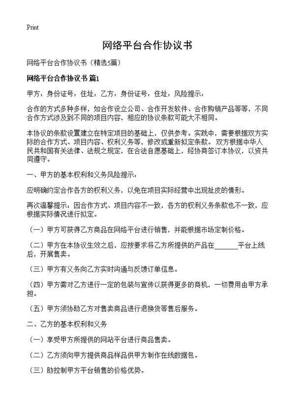 网络平台合作协议书5篇