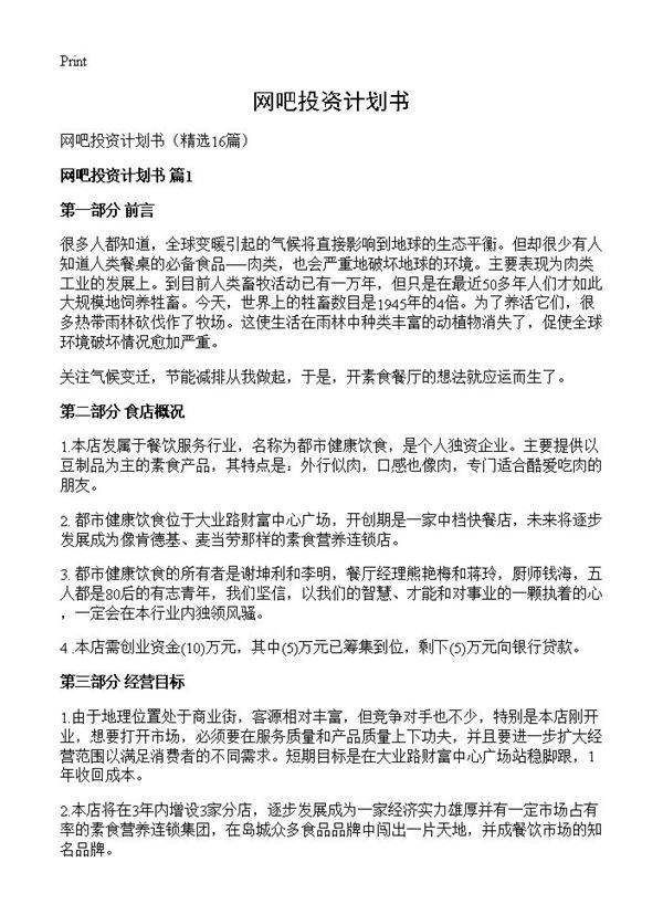网吧投资计划书16篇