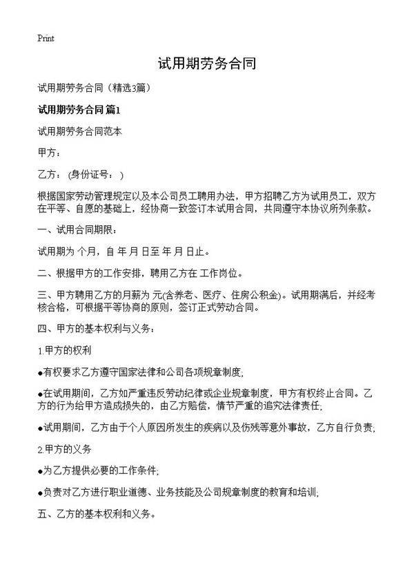 试用期劳务合同3篇