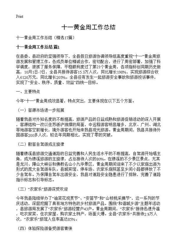 十一黄金周工作总结17篇