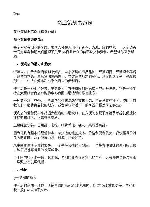 商业策划书范例17篇