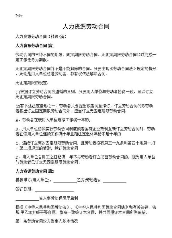 人力资源劳动合同6篇