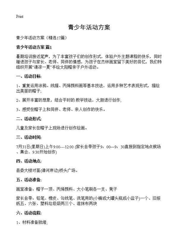 青少年活动方案17篇