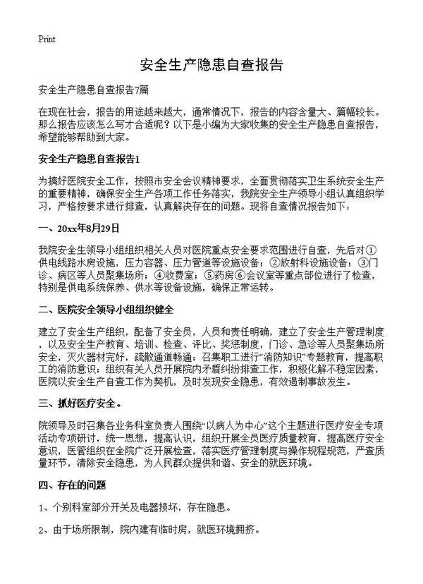 安全生产隐患自查报告