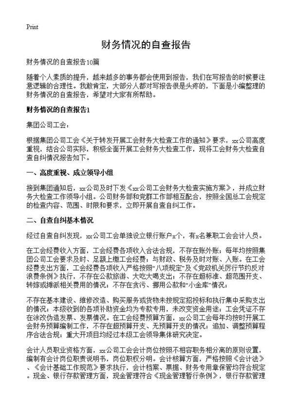 财务情况的自查报告