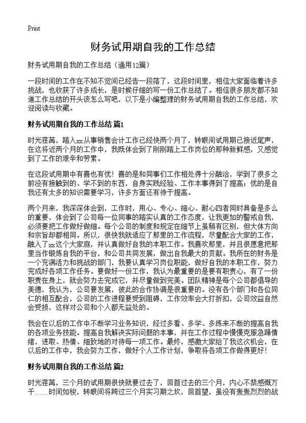 财务试用期自我的工作总结12篇