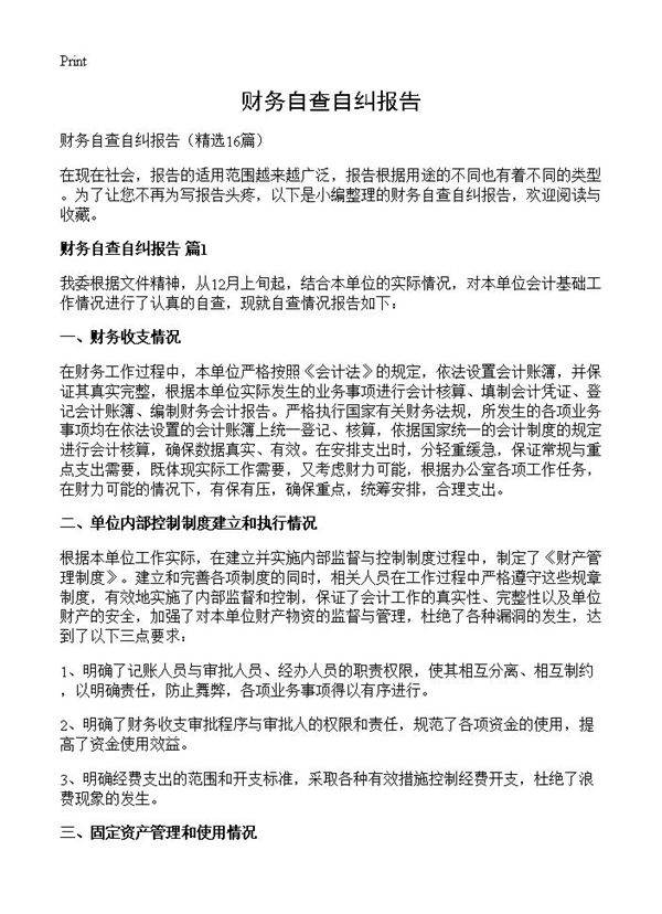 财务自查自纠报告16篇