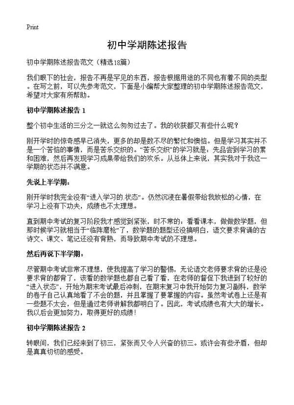 初中学期陈述报告18篇