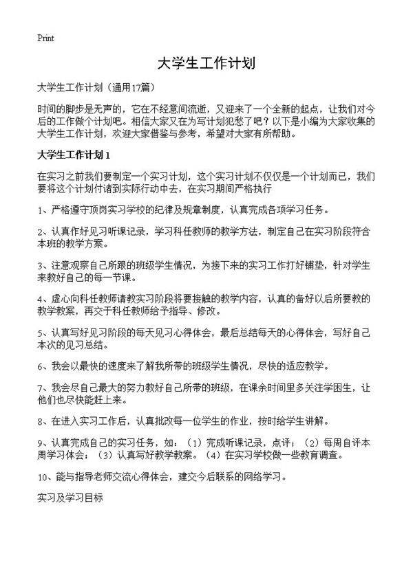 大学生工作计划17篇