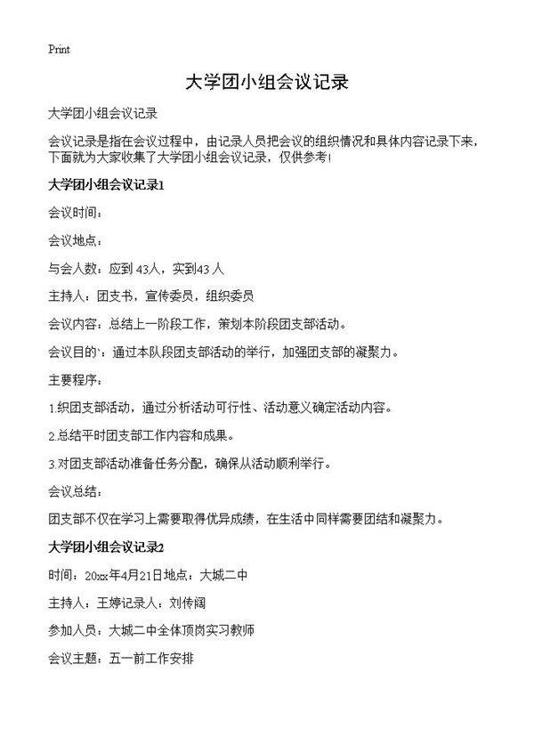 大学团小组会议记录