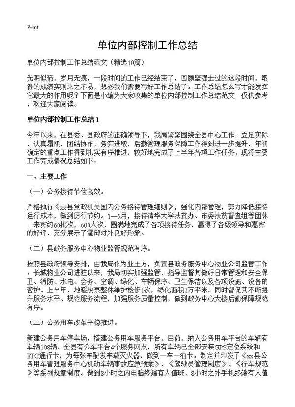 单位内部控制工作总结10篇