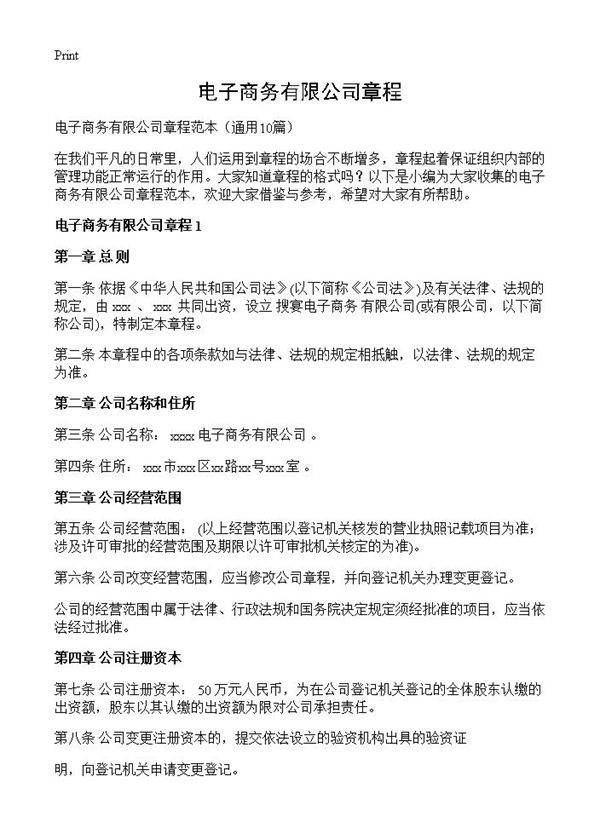 电子商务有限公司章程10篇