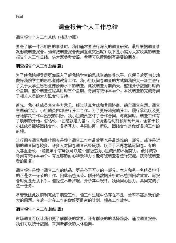调查报告个人工作总结17篇