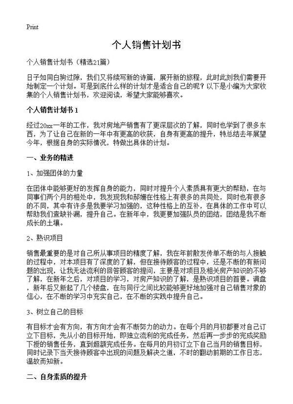 个人销售计划书21篇