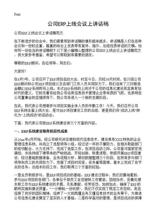 公司ERP上线会议上讲话稿