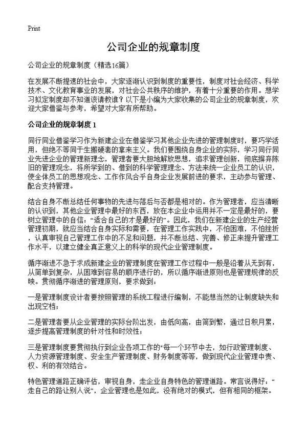 公司企业的规章制度16篇