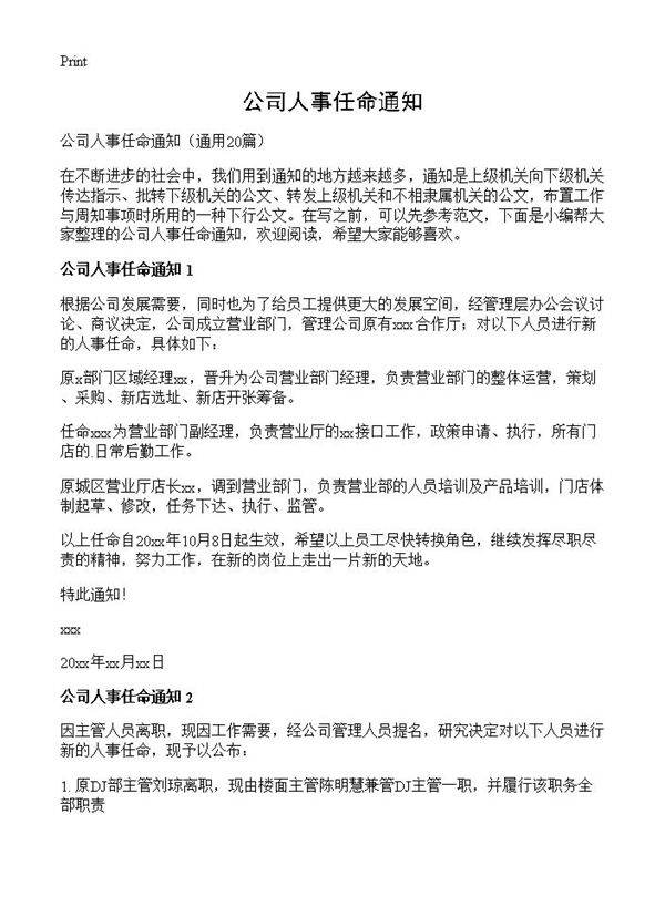 公司人事任命通知20篇