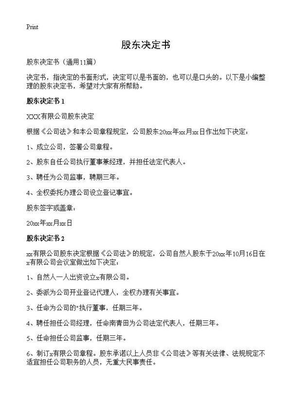 股东决定书11篇