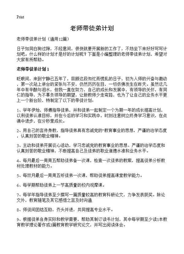 老师带徒弟计划12篇