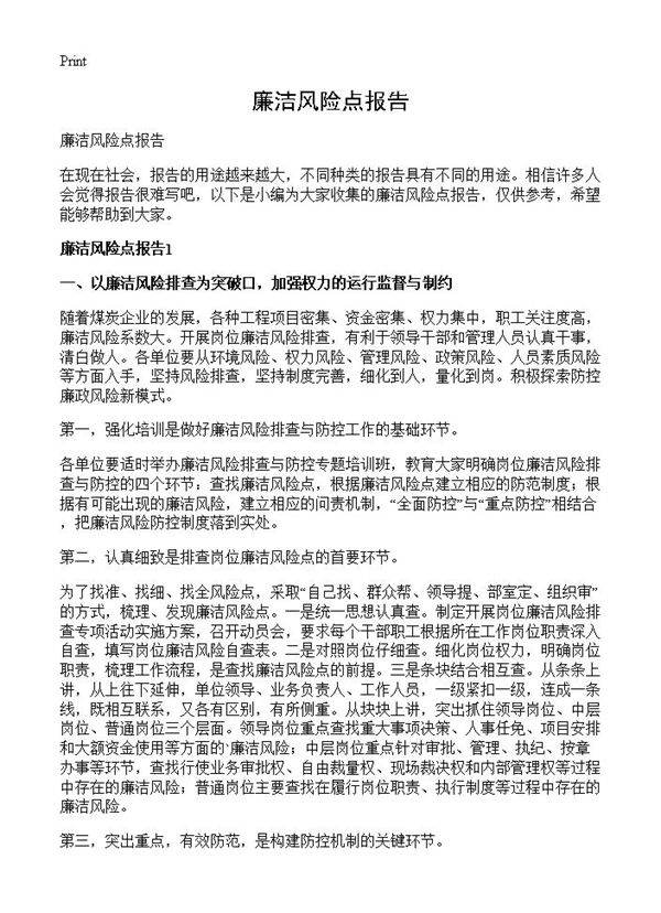 廉洁风险点报告