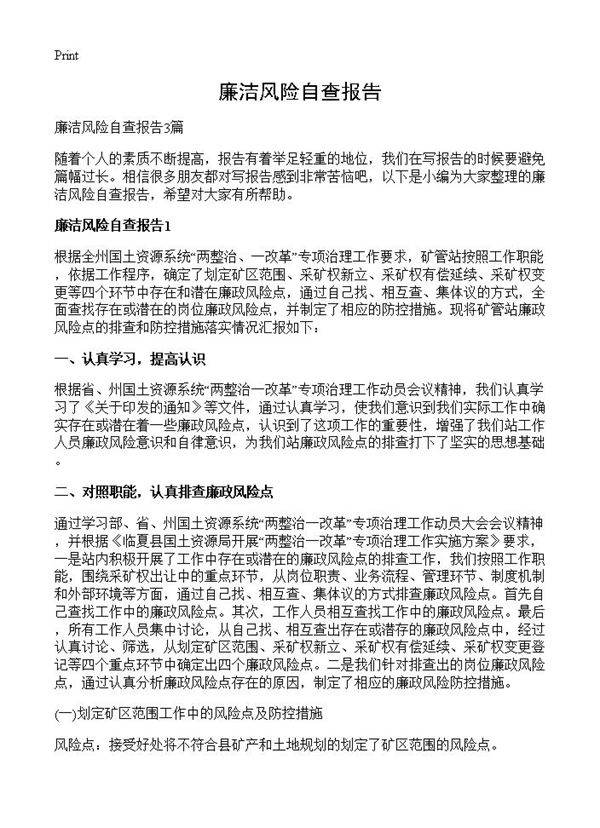廉洁风险自查报告
