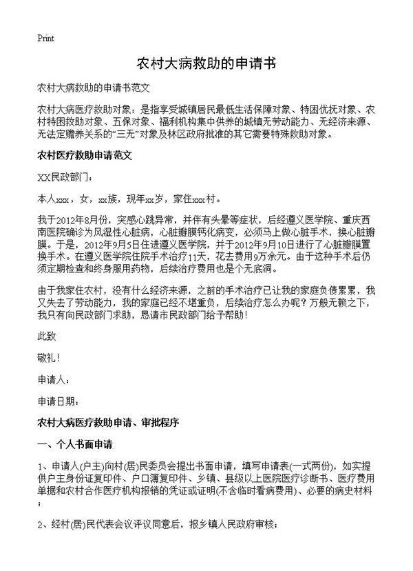 农村大病救助的申请书