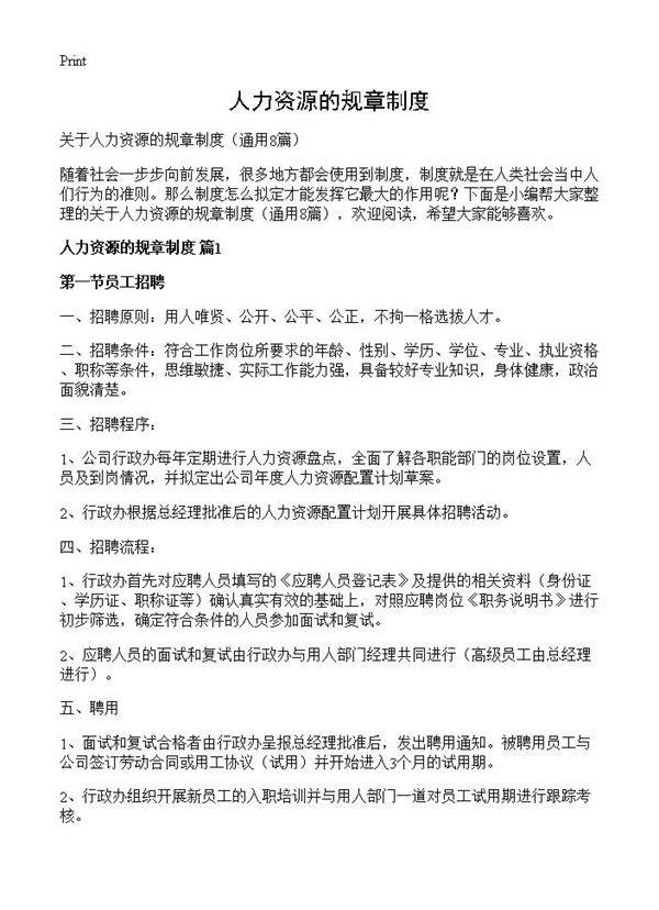 人力资源的规章制度8篇