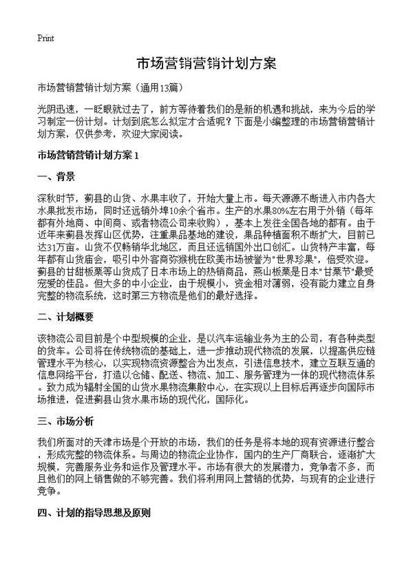 市场营销营销计划方案13篇