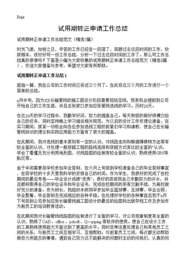 试用期转正申请工作总结7篇