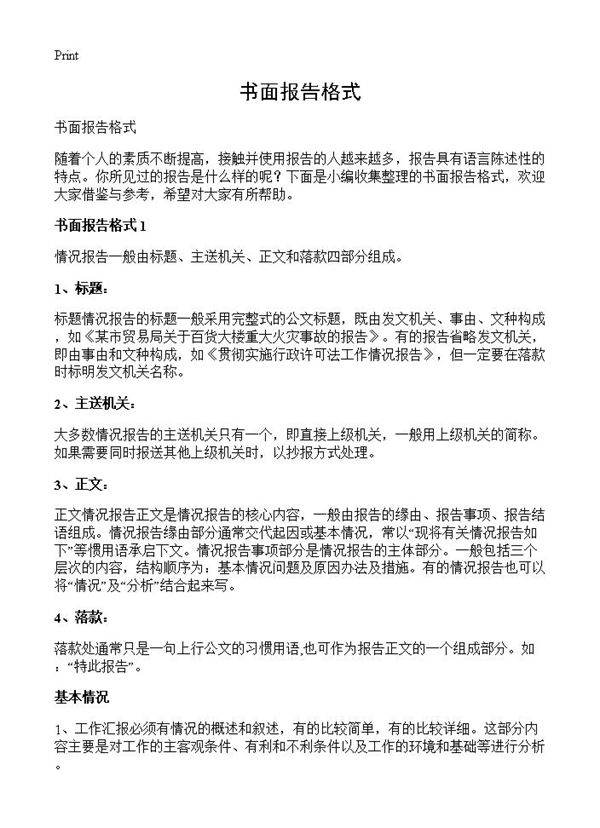 书面报告格式