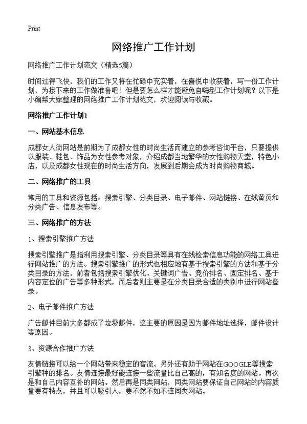 网络推广工作计划5篇