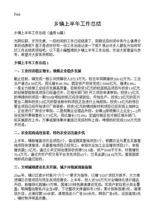 乡镇上半年工作总结14篇