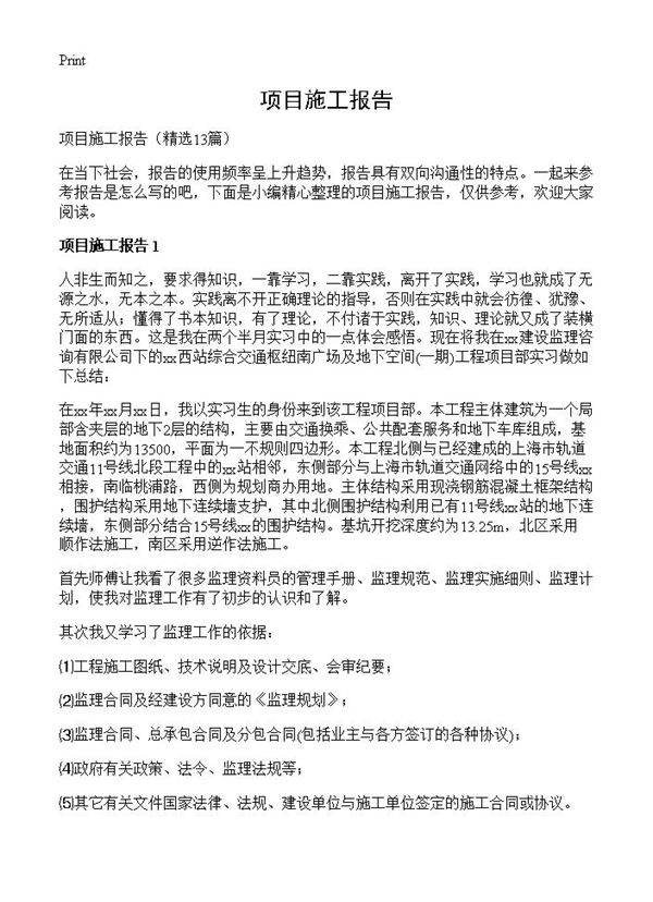 项目施工报告13篇