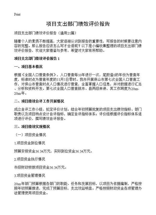 项目支出部门绩效评价报告21篇