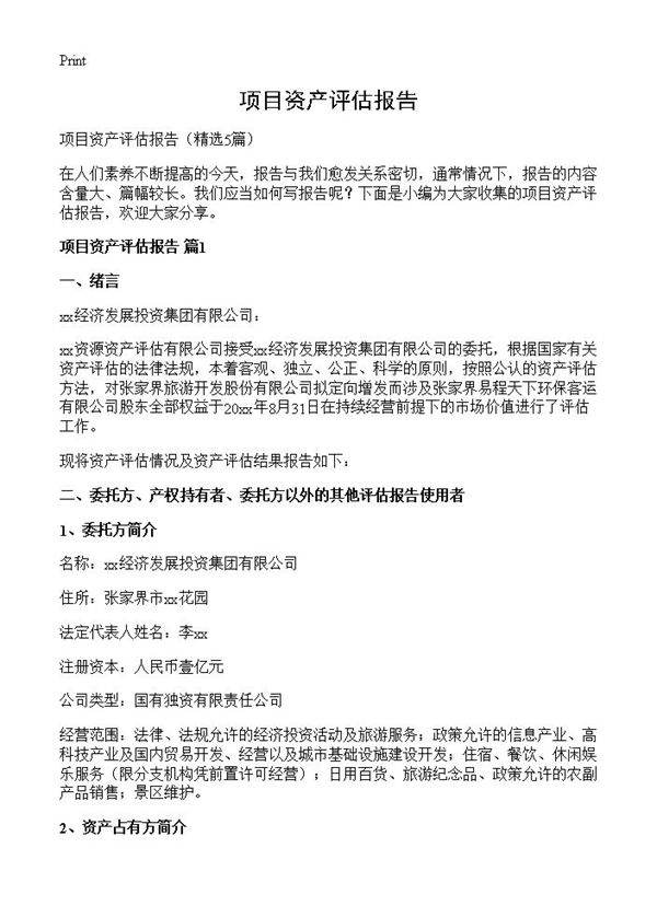 项目资产评估报告5篇
