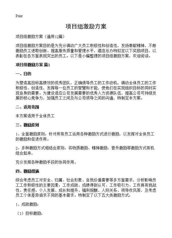 项目组激励方案12篇