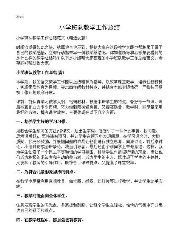 小学班队教学工作总结20篇