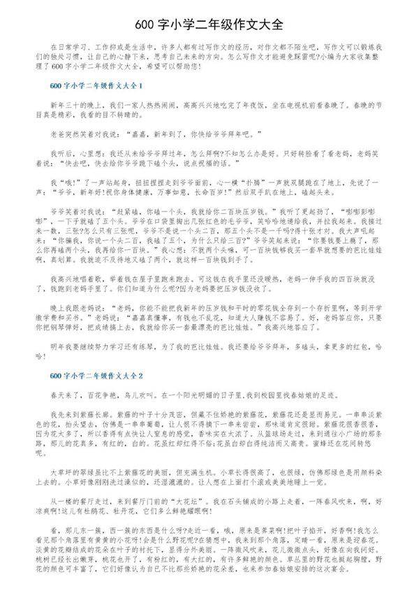 600字小学二年级作文大全