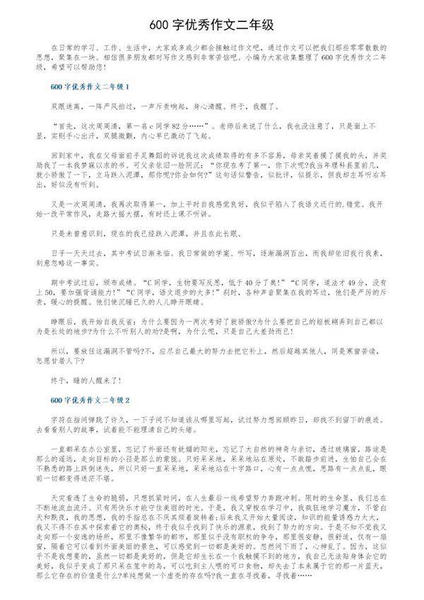 600字优秀作文二年级