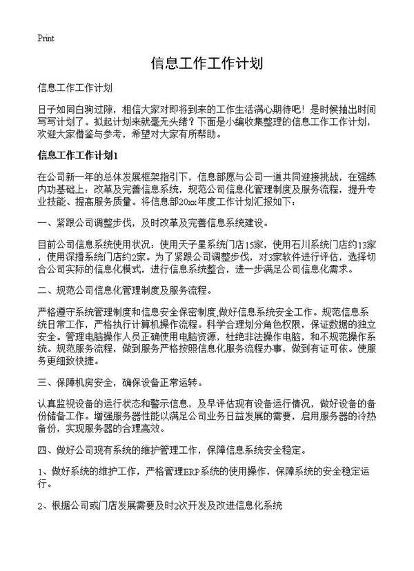 信息工作工作计划