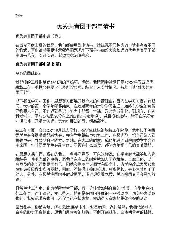 优秀共青团干部申请书