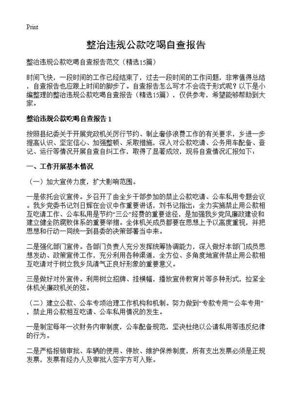 整治违规公款吃喝自查报告15篇