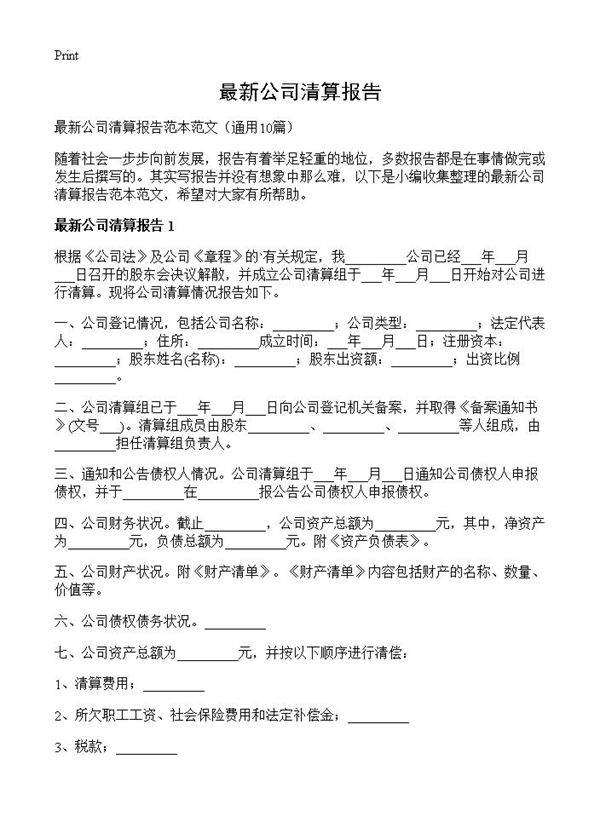 最新公司清算报告10篇