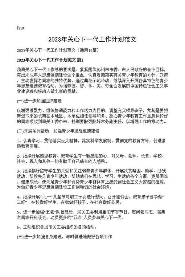 2023年关心下一代工作计划范文