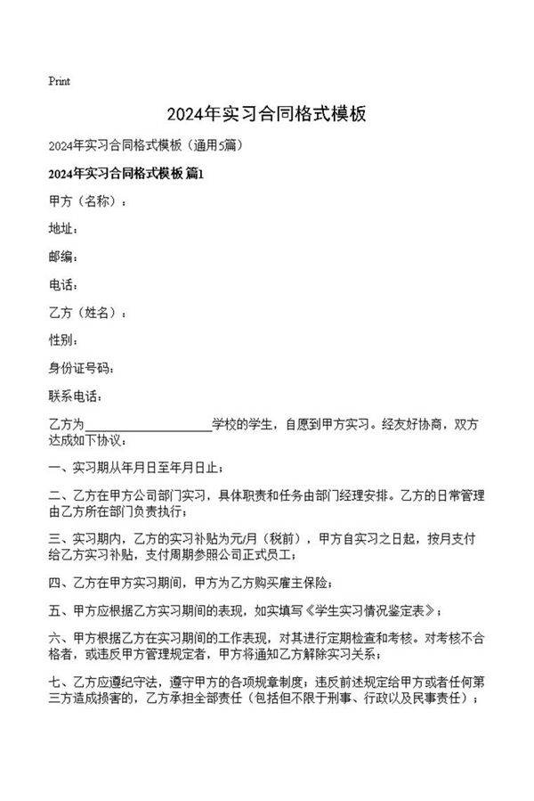 2024年实习合同格式模板