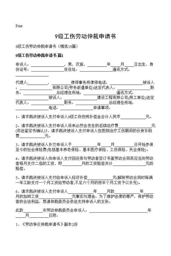9级工伤劳动仲裁申请书