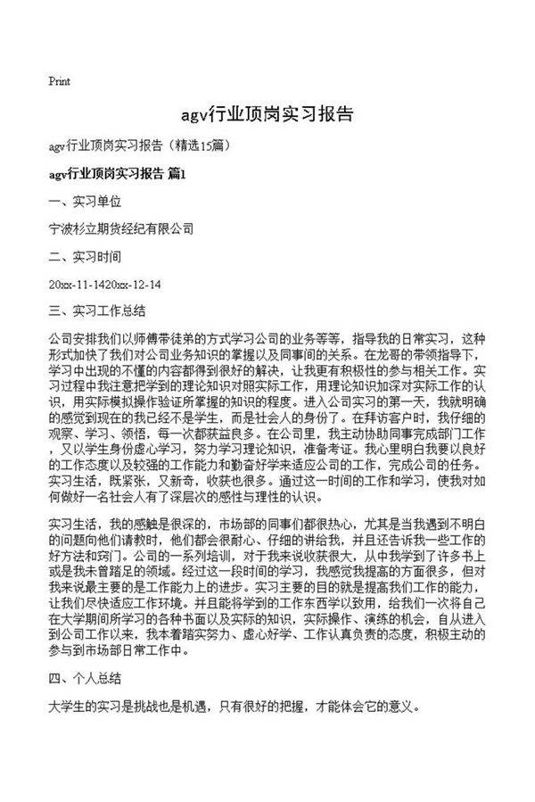 agv行业顶岗实习报告